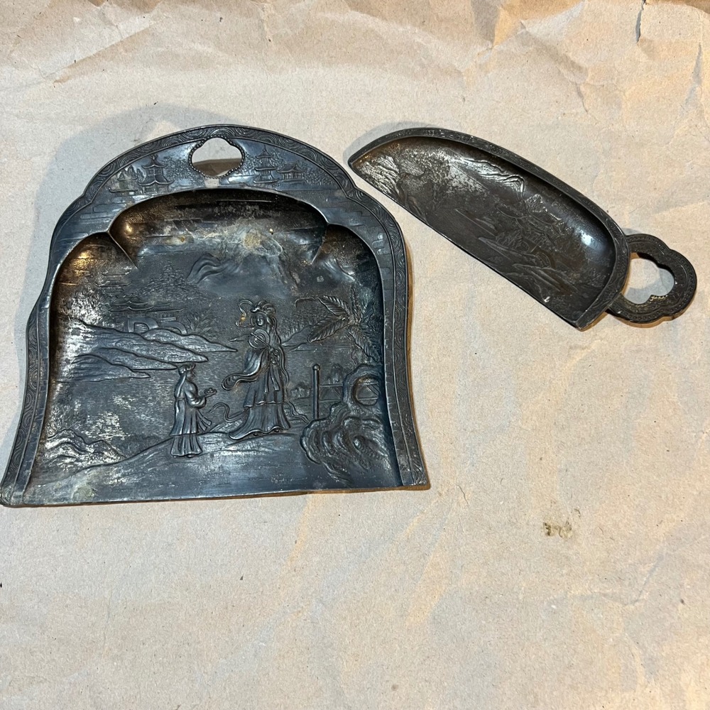Vintage Japan Silent Butler Crumb Tray Set Silver Pagoda Landscape Repousse Art